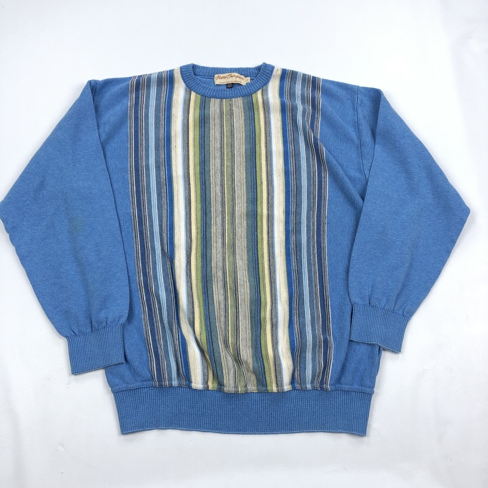 Norm Thompson Men's XL Blue Striped Cotton Crew Neck Sweater Canada Vintage